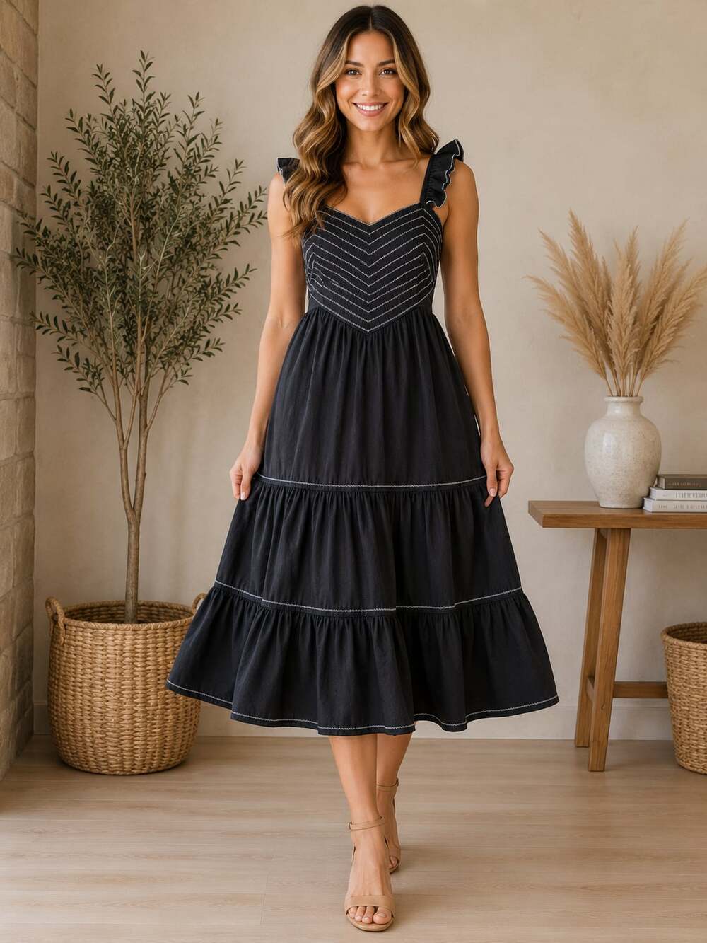 American Eagle Black Smocked Tiered Midi Dress Flutter Strap Cottagecore S - Picture 1 of 12